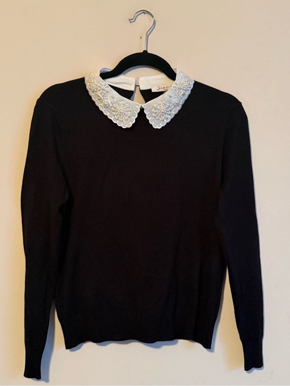 Sioni Milano Black Sweater Pearl Beaded Peter Pan Collar Medium